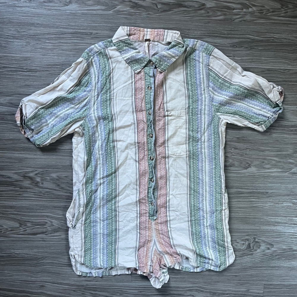 Free People OB1939627 Linen Striped Chevron Button Front Romper Mens Medium